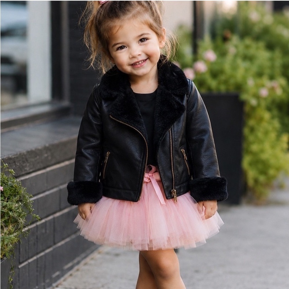 Little Girl's Black Moto Jacket Faux Fur Collar and Cuffs Edgy Biker 3T